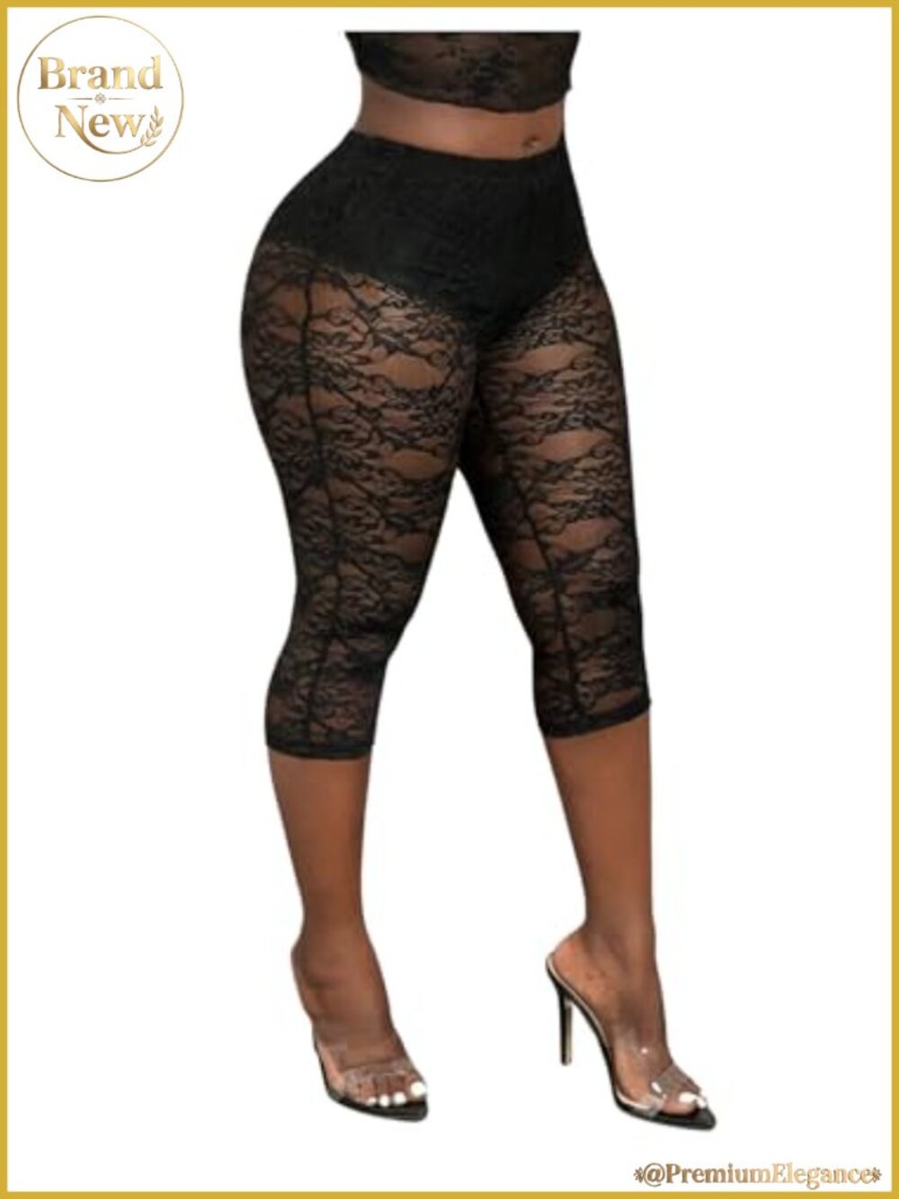 Women's Lace Capri Leggings High Waist See Through Cropped Pants